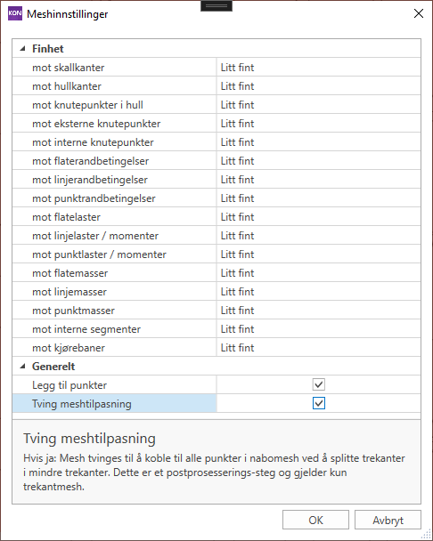 Meshinnstillinger i focus konstruksjon