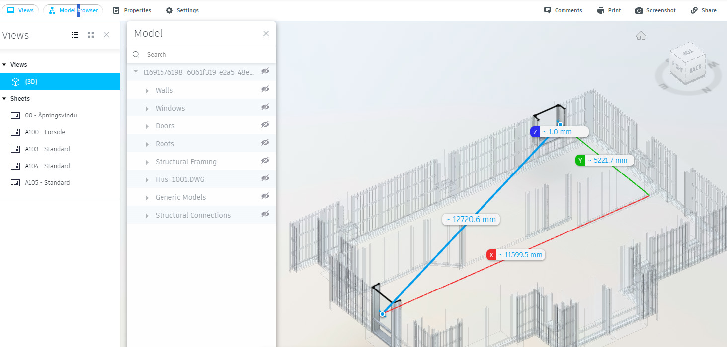 Skjermbilde Autodsesk Viewer , BIM modell av enebolig med mål